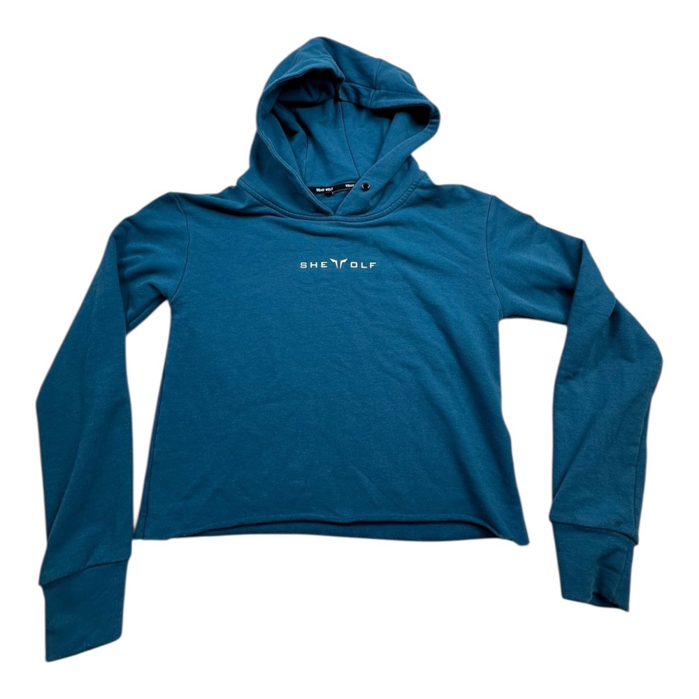 Squat Wolf Cropped Hoodie Teal‎ Blue Long Sleeve Raw Hem Sweatshirt XS